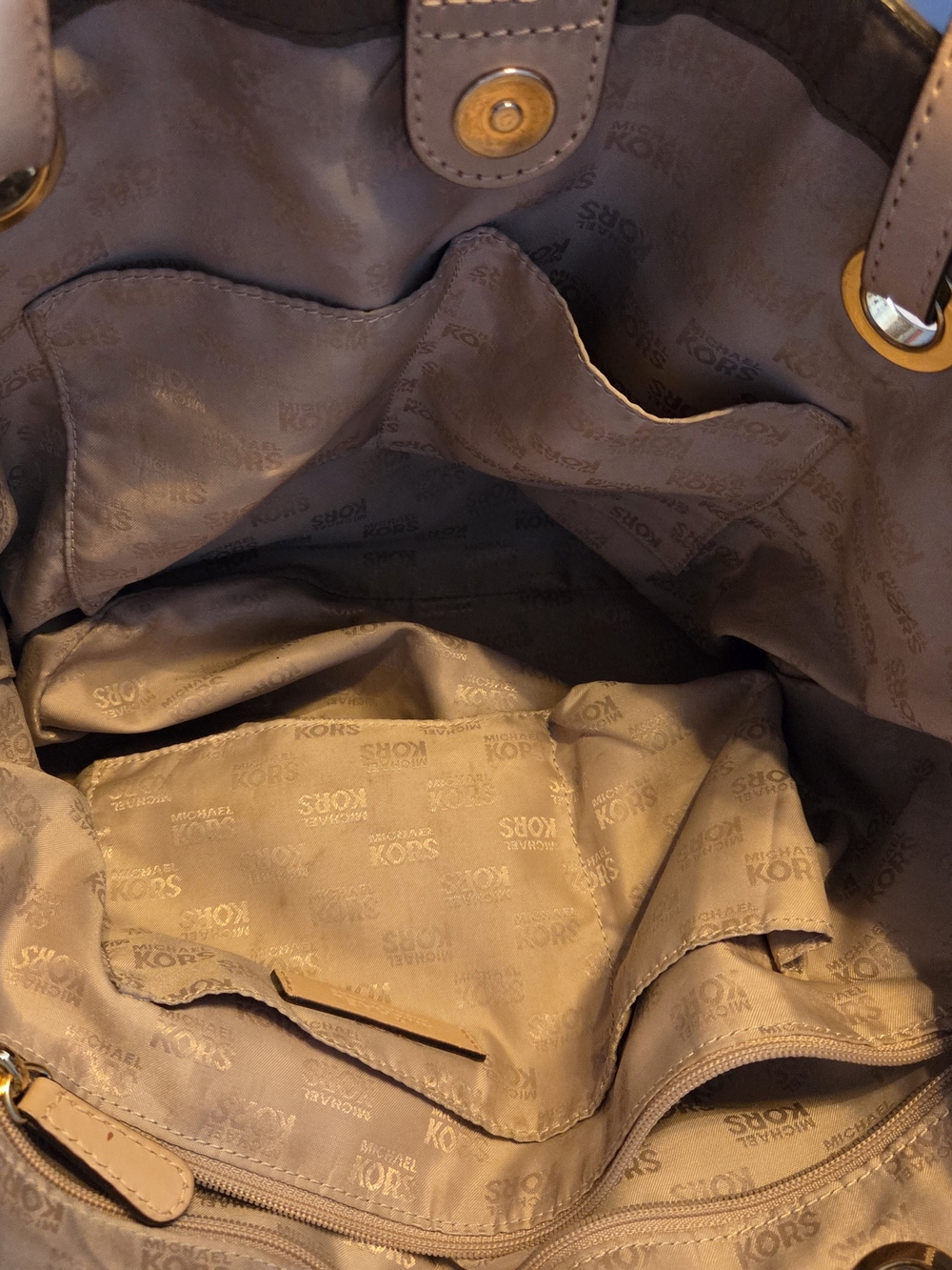 Michael Kors Taupe Brown Leather Tote Bag with Gold MK Charm - Picture 6 of 10